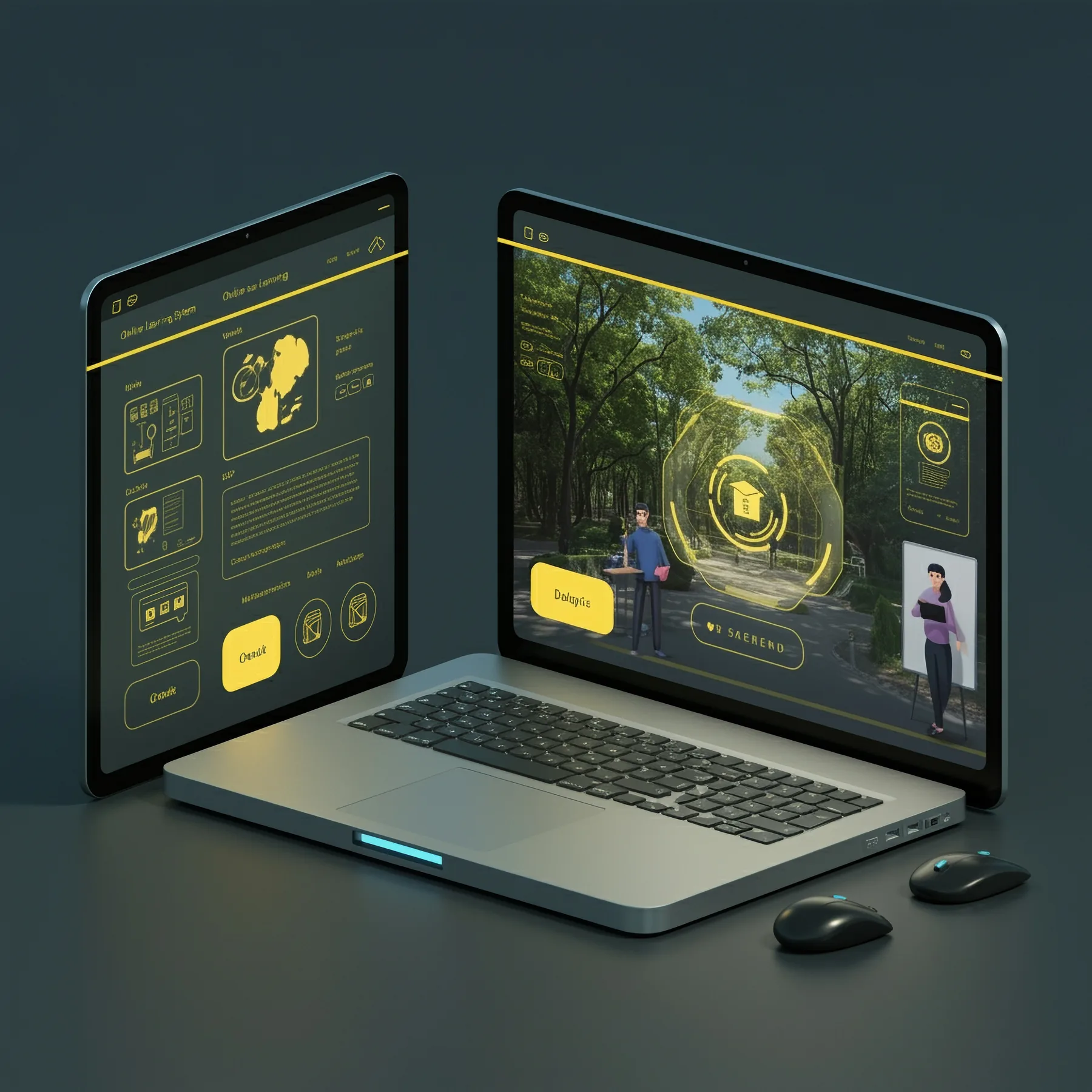 Interactive software simulation displayed across digital devices